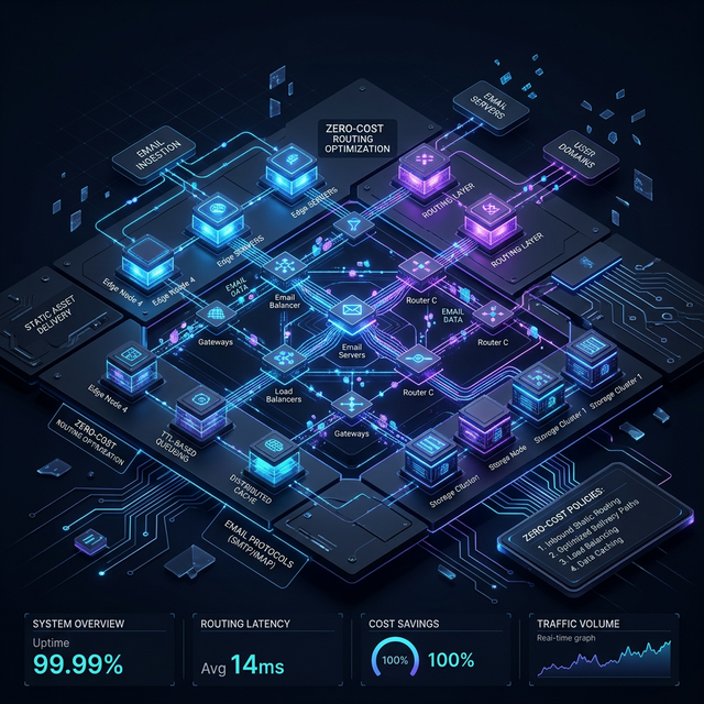 Dark mode technical diagram showing cloud data routing for zero-cost email setup