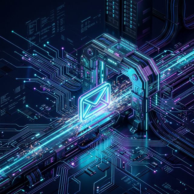 Abstract 3D illustration of an email passing through a high-tech glowing routing node